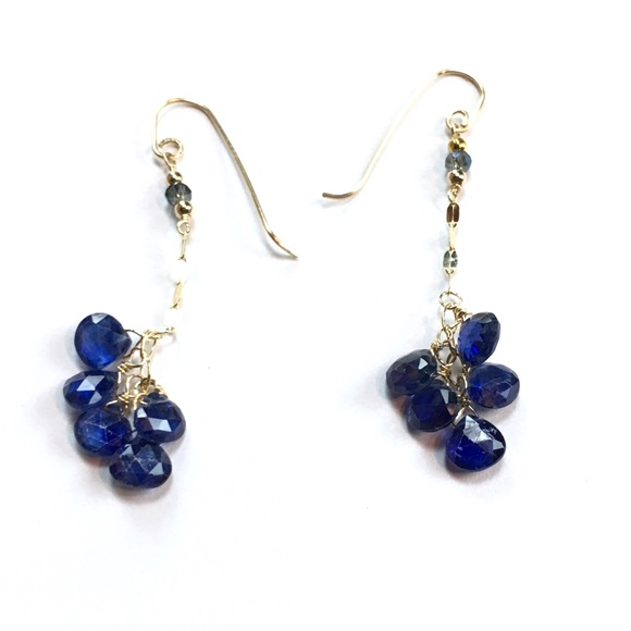 14K NATURAL 10CT BLUE SAPPHIRE DANGLE BEAD SOLID GOLD EARRINGS - Picture 2 of 2